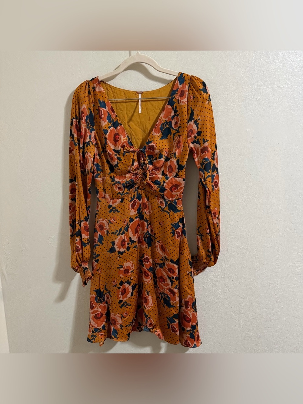 Free People Morning Light Mini Dress | Floral Polka Dot Satin size 0 flowy boho - Picture 3 of 10